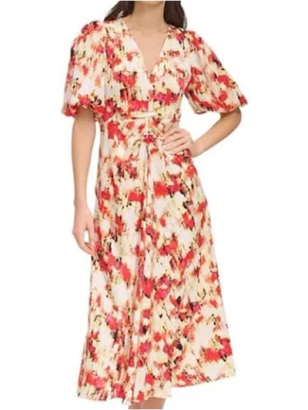 Floral V-Neck Midi Dress in Cream and Red